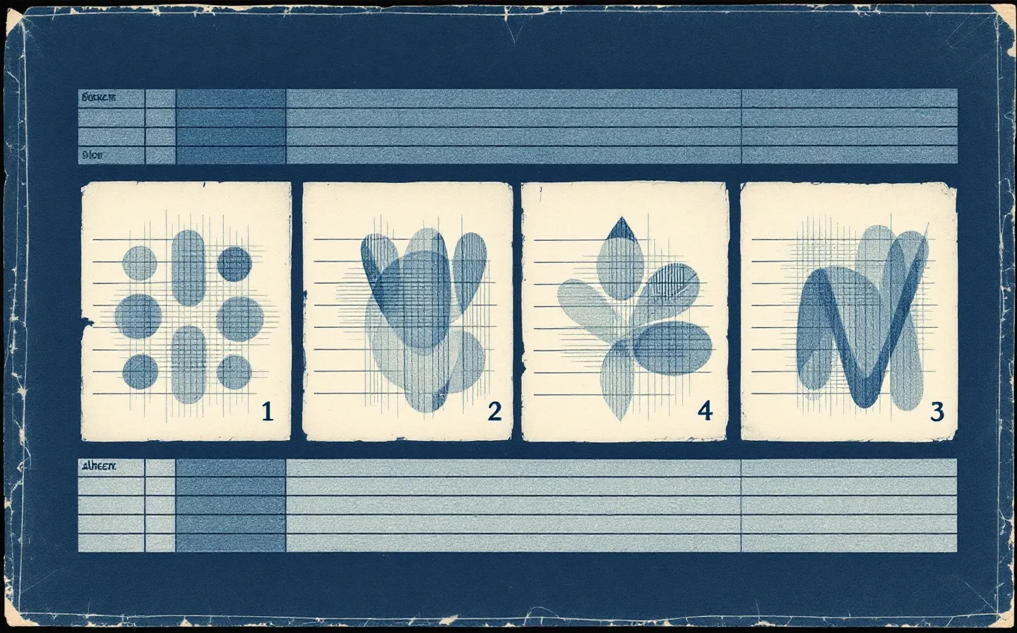 Cool archival blueprint of four catalogued ledger folios on a deep Prussian-ink ground, one folio ruled blank with a thin oxblood strike, representing the four KLOW components and the missing blend record